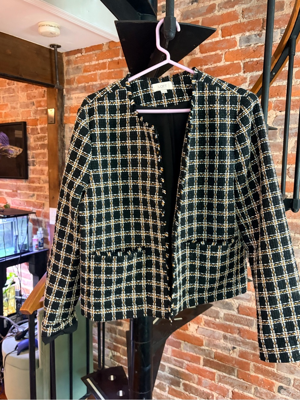 LOFT Black and Cream Tweed Open Front Jacket